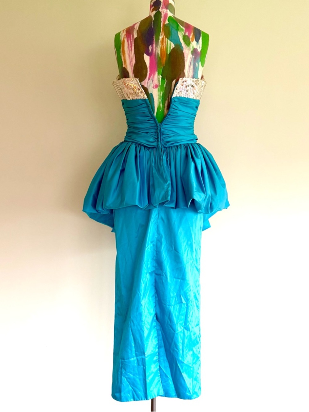 🐬VINTAGE 80s Alyce Designs Sequin Taffeta Peplum Prom Gown Dress - Picture 7 of 11